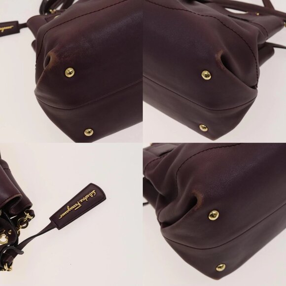 Salvatore Ferragamo Gancini Chain Hand Bag Leather 2way Purple Gold Auth BA1705 - Picture 14 of 15